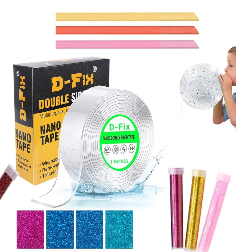 D-Fix شريط نانو مع 3 رقائق لامعة 3 نجوم قشة للبالون شريط لاصق مزدوج الجوانب لاصق إيفي للجدران قابل للغسل وإعادة الاستخدام شرائط لاصقة قوية متعددة الألوان فن وحرف قلب وقمر مجموعة DIY - 3 متر - Image 1