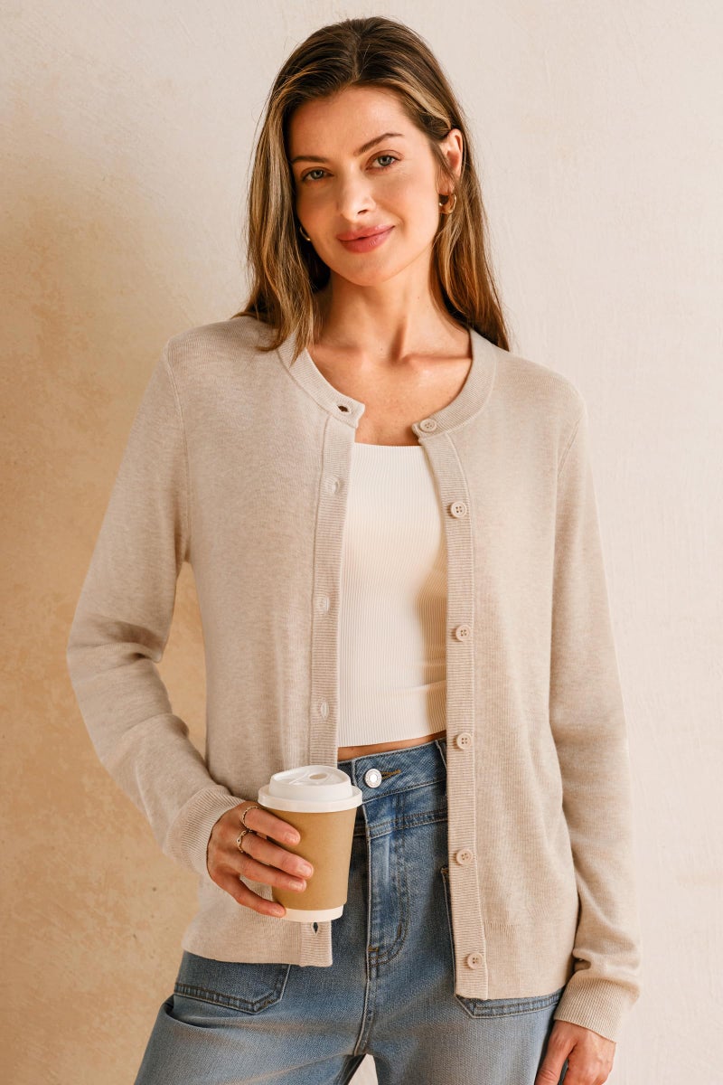 Arach&Cloz Womens Cardigan Sweaters 2026 Soft Layering Essential Knit Long Sleeve Button Down Lightweight Top Fashion Outfits Summer Spring Business Casual Work Cropped Cardigans Apricot XL - Image 2