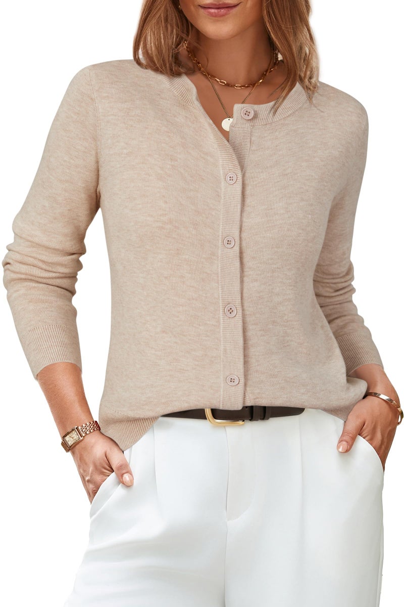 Arach&Cloz Womens Cardigan Sweaters 2026 Soft Layering Essential Knit Long Sleeve Button Down Lightweight Top Fashion Outfits Summer Spring Business Casual Work Cropped Cardigans Apricot XL - Image 1