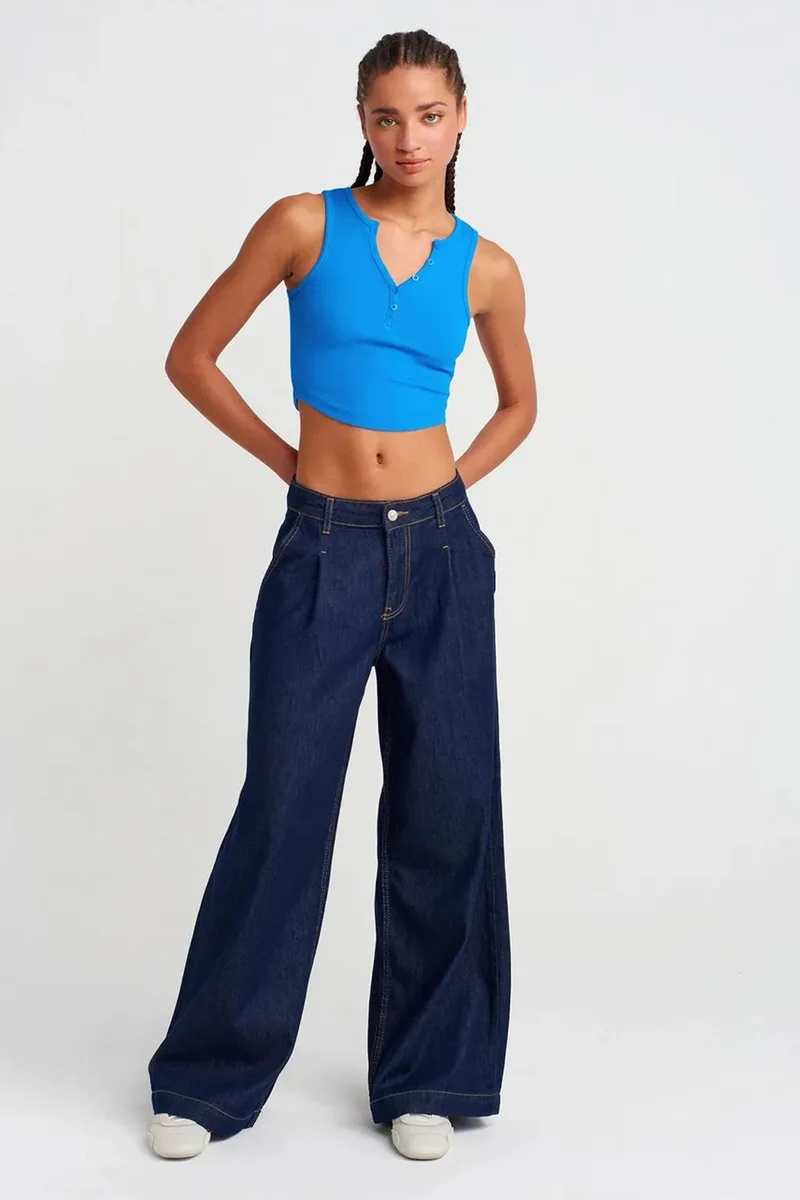 Dilvin Cobalt Blue DILVIN Women's Ribbed Crop Blouse With Buttons for Women | Best Price UAE
