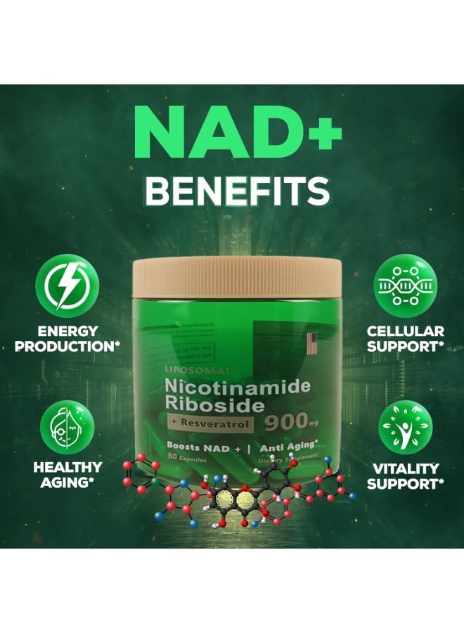 NAD 80 Capsules High Purity NAD+ Supplement with Nicotinamide Riboside & Resveratrol for Energy, Vitality, Anti-Aging, Focus & DNA Repair. - Image 1