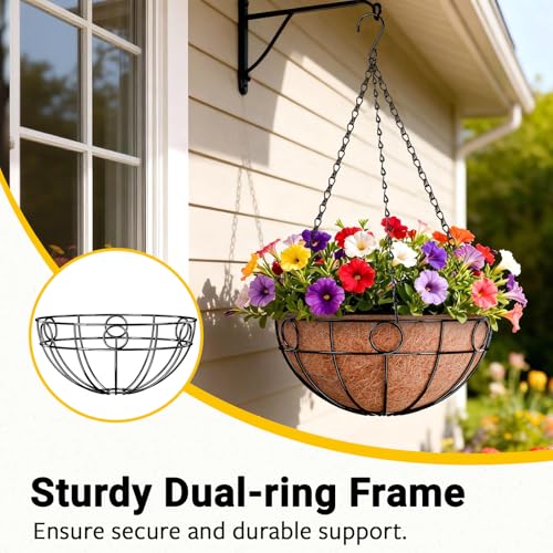 ZeeDix 2 Pack Round Hanging Baskets for Plants Outdoor 12 Inch Metal Wire Planter Basket with Coco Liner Hanging Flower Pots for Garden Yard Patio Porch Balcony Decor - Image 3