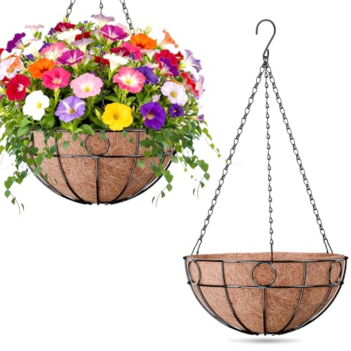 ZeeDix 2 Pack Round Hanging Baskets for Plants Outdoor 12 Inch Metal Wire Planter Basket with Coco Liner Hanging Flower Pots for Garden Yard Patio Porch Balcony Decor - Image 1