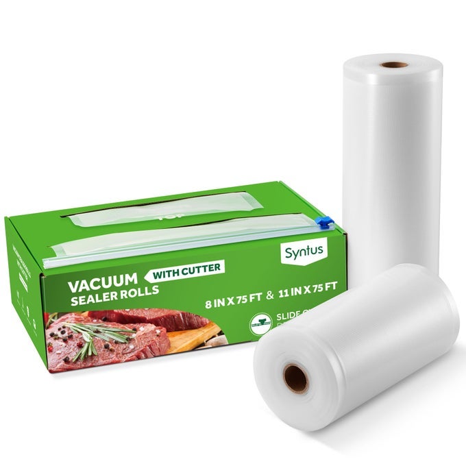 11 X 75 AND 8 X 75 FOOD VACUUM SEAL ROLL KEEPER WITH CUTTER DISPENSER COMMERCIAL GRADE VACUUM SEALER BAG ROLLS BPA FREE FOOD VAC BAGS IDEAL FOR STORAGE MEAL PREP AND SOUS VIDE