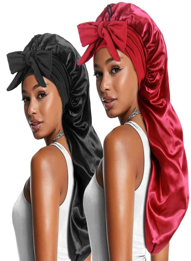 Heniho 2pcs Long Satin Bonnets with Tie Band, Large Braid Bonnet Silky Hair Cap for Locs Women Sleeping, C - Image 1