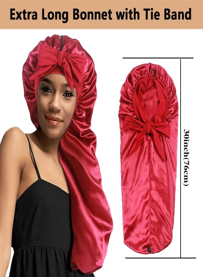 Heniho 2pcs Long Satin Bonnets with Tie Band, Large Braid Bonnet Silky Hair Cap for Locs Women Sleeping, C - Image 2