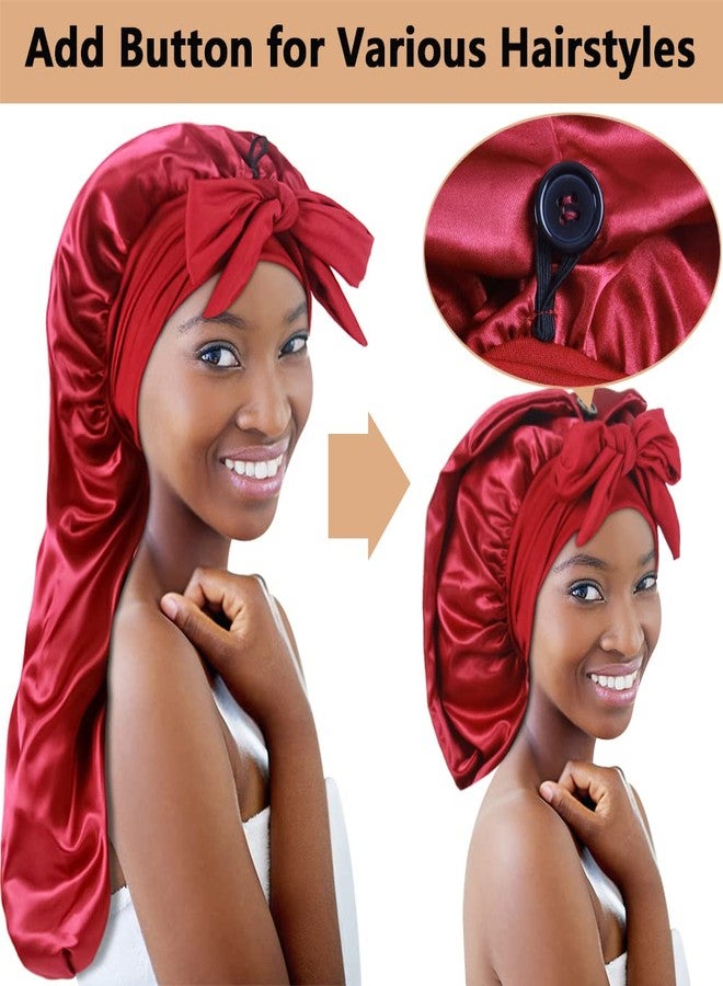 Heniho 2pcs Long Satin Bonnets with Tie Band, Large Braid Bonnet Silky Hair Cap for Locs Women Sleeping, C - Image 3