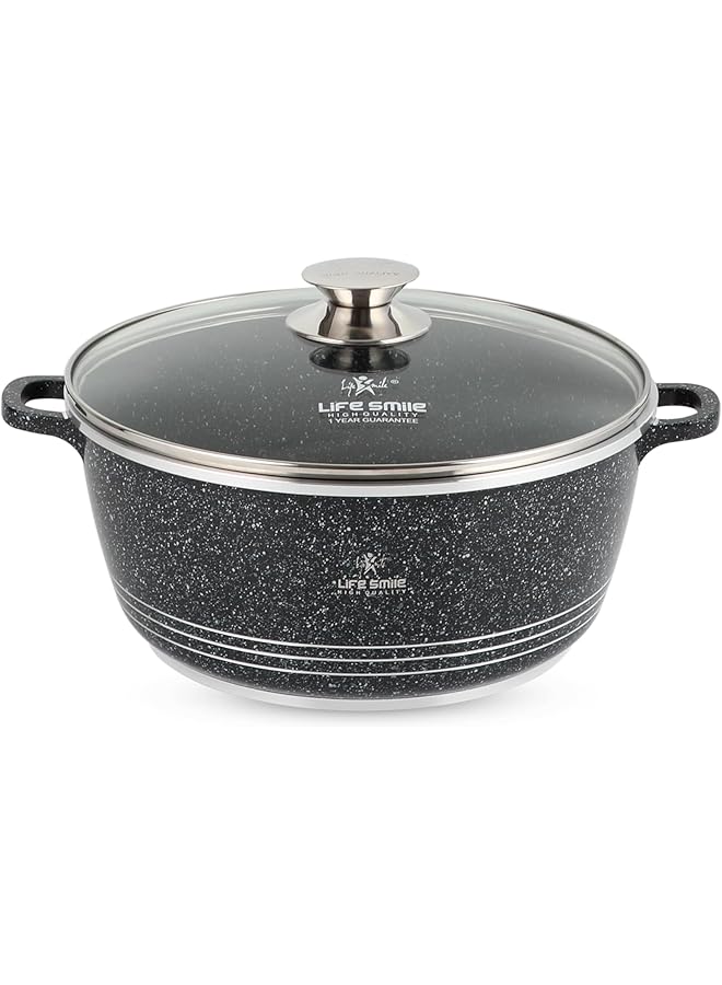 لايف سمايل قدر طهي بغطاء | قدر حساء من الألومنيوم المصبوب بغطاء زجاجي | خالٍ تمامًا من حمض بيرفلورو الأوكتانويك (PFOA)، بمقبض ثابت | مطلي بطبقة جرانيت متعددة الطبقات غير لاصقة | آمن للاستخدام في الفرن (أسود، 4.1 لتر) - Image 1