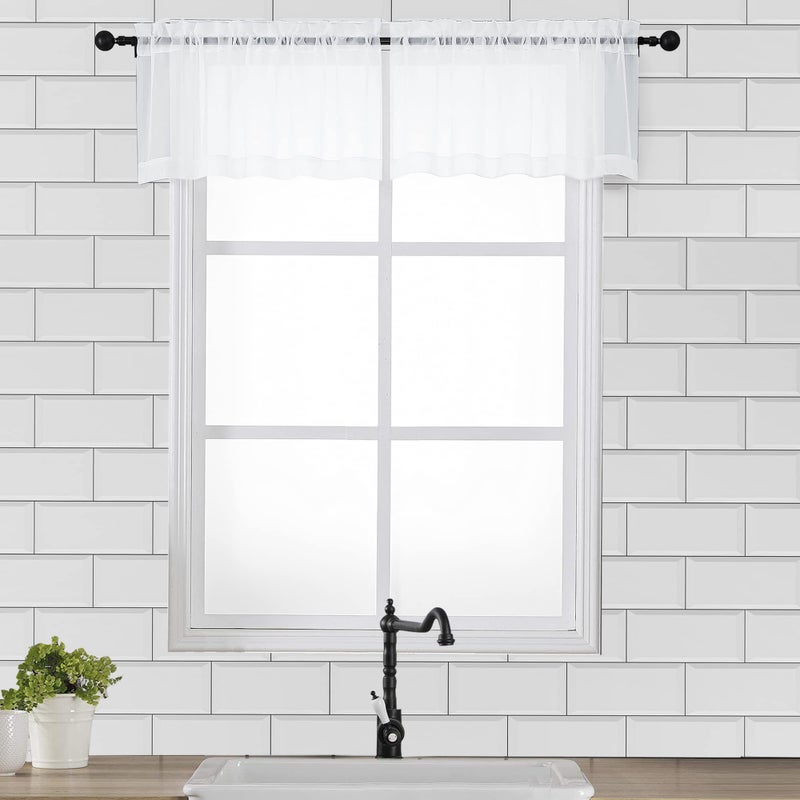 OVZME White Sheer Window Valance Curtains  Light Filtering Kitchen Valances Windows Treatment  Small Voile Sheer Curtains for Living Room/Bathroom/Basement  Top Dual Rod Pocket  2PCS - Image 1
