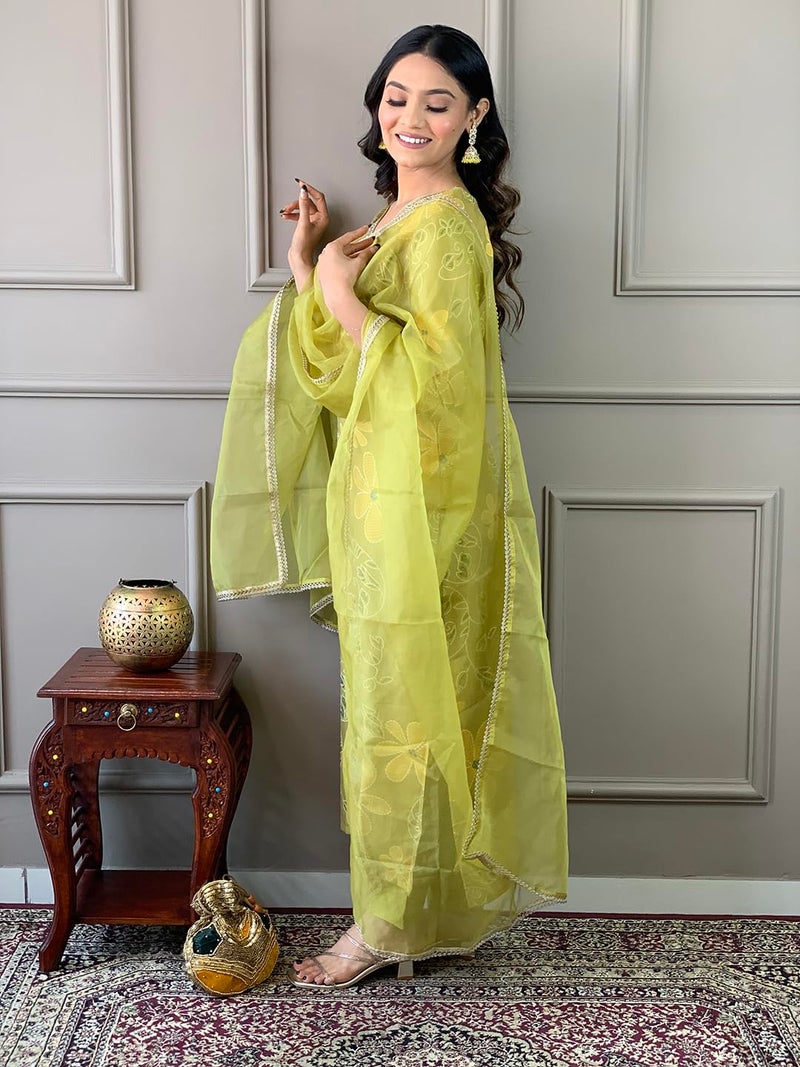 Naixa Women's Rayon Embroidered and Printed Straight Kurta with Pant and Dupatta Sets (NX-510-Lemon-S) - Image 4