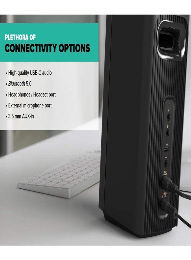 كريتيف مكبرات صوت مكتبية صغيرة الحجم عالية الدقة Creative T60 2.0، تتميز بصوت نقي وواضح بفضل تقنية Sound Blaster، ومنافذ USB-C للصوت والميكروفون وسماعات الرأس، وتقنية Bluetooth 5.0، وقدرة قصوى تصل إلى 60 واط، لأجهزة الكمبيوتر المحمولة والمكتبية. - Image 4