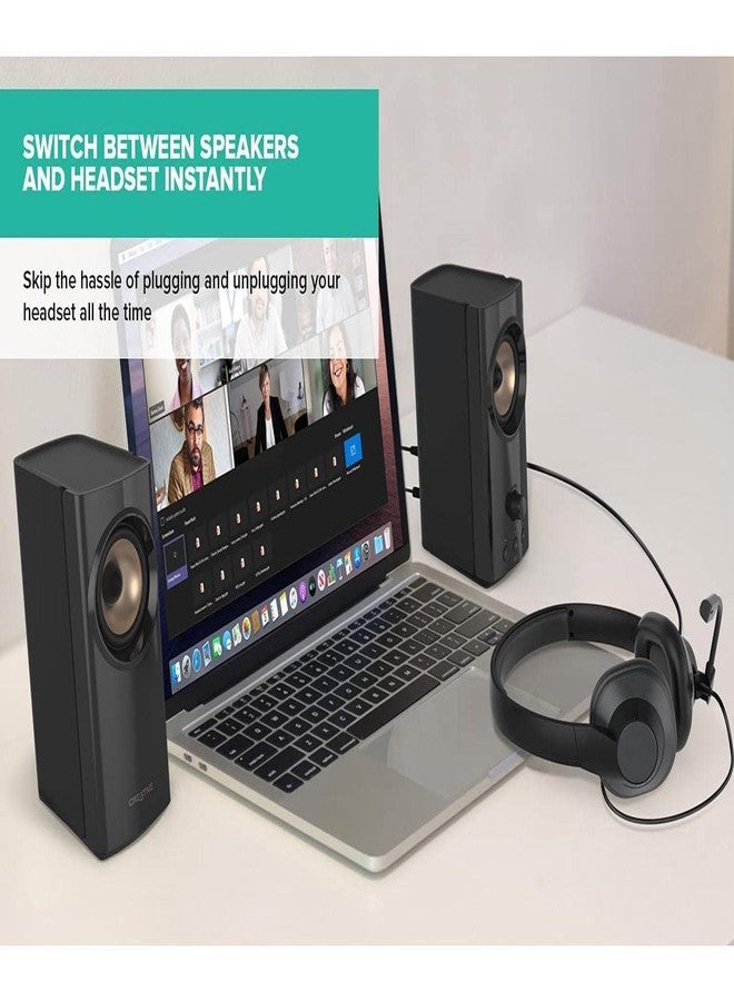 كريتيف مكبرات صوت مكتبية صغيرة الحجم عالية الدقة Creative T60 2.0، تتميز بصوت نقي وواضح بفضل تقنية Sound Blaster، ومنافذ USB-C للصوت والميكروفون وسماعات الرأس، وتقنية Bluetooth 5.0، وقدرة قصوى تصل إلى 60 واط، لأجهزة الكمبيوتر المحمولة والمكتبية. - Image 5
