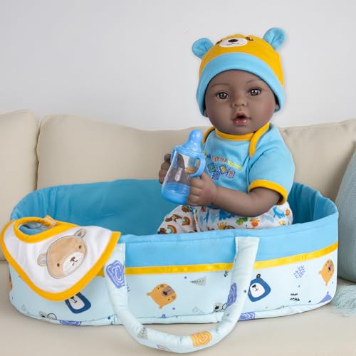 EKOKIZ Lifelike Reborn Baby Doll 18Inch Realistic African American Baby Dolls Weighted Newborn Boy Doll Soft Cloth Body Real Life Dolls Gift for Kids 3 Complete with Clothes and Toy Accessories - Image 1