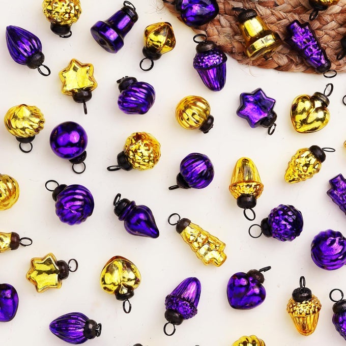 100 PIECES GLASS GOLD PURPLE CHRISTMAS ORNAMENTS DECORATIVE MERCURY MINI VINTAGE BULK HANGING ORNAMENTS FOR HALLOWEEN CHRISTMAS TREE NEW YEAR VALENTINE DAY HOLIDAYS EVENT AND WEDDING PARTY DECOR