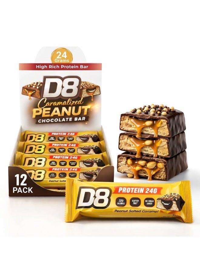 D8 Protein Chocolate Bar Peanut Salted Caramel | 24g Protein Per Bar | No Added Sugar | Gluten Free | Low Calorie | 60g Each | Nutrition Bars for Men & Women | Pack of 12 - Image 1