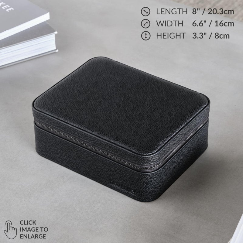 TAWBURY 3 Slot Watch Case Plus Storage – Luxury Leather Watch Travel Case for Men | Black Watch Cases for Men Travel | Traveling Watch Holder for Men | Black Watch Roll Case | 3 Watch Box for Men - Image 3