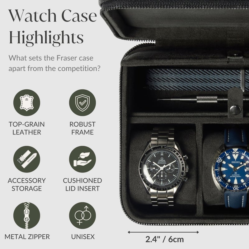 TAWBURY 3 Slot Watch Case Plus Storage – Luxury Leather Watch Travel Case for Men | Black Watch Cases for Men Travel | Traveling Watch Holder for Men | Black Watch Roll Case | 3 Watch Box for Men - Image 4