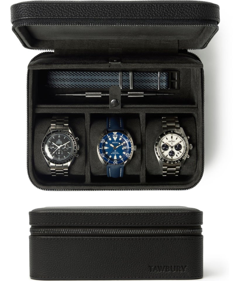 TAWBURY 3 Slot Watch Case Plus Storage – Luxury Leather Watch Travel Case for Men | Black Watch Cases for Men Travel | Traveling Watch Holder for Men | Black Watch Roll Case | 3 Watch Box for Men - Image 1