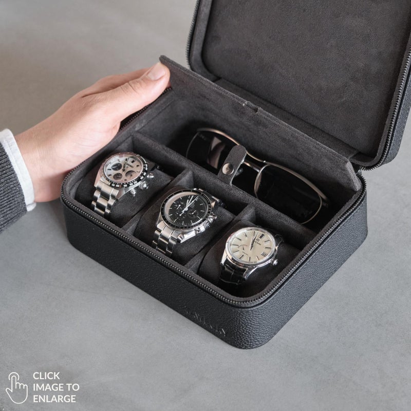 TAWBURY 3 Slot Watch Case Plus Storage – Luxury Leather Watch Travel Case for Men | Black Watch Cases for Men Travel | Traveling Watch Holder for Men | Black Watch Roll Case | 3 Watch Box for Men - Image 2