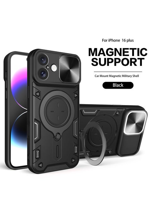 Case Cover for iPhone 16 Plus 5G, Slide Camera Lens Cover, 360°Rotating Kickstand Ring, Bumper Shockproof Phone Case，Compatible with Car Magnetic Mount Mobile Phone Case for iPhone 16 Plus 5G Black