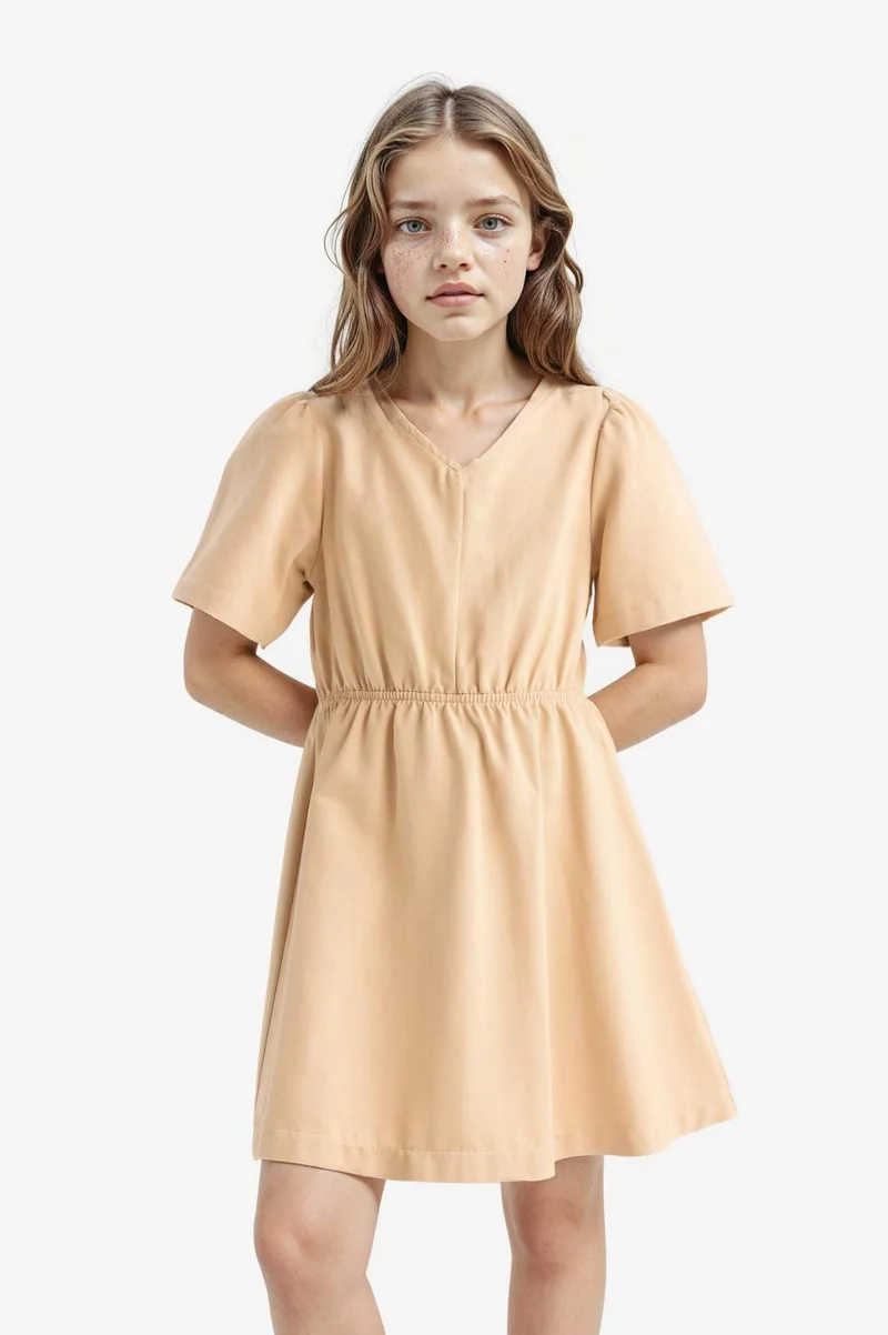 ديفاكتو Girl Standard Fit V Neck Gabardine Short Sleeve Dress