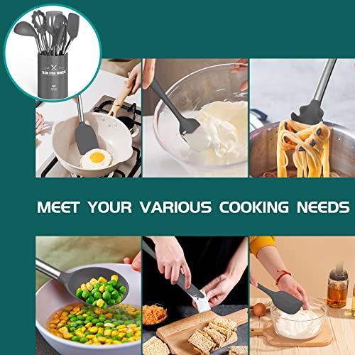 Umite Chef Silicone Cooking Utensil Set,Umite Chef Kitchen Utensils 15pcs Set Non-stick Heat Resistan BPA-Free Stainless Steel Handle Tools Whisk - Grey - Image 5
