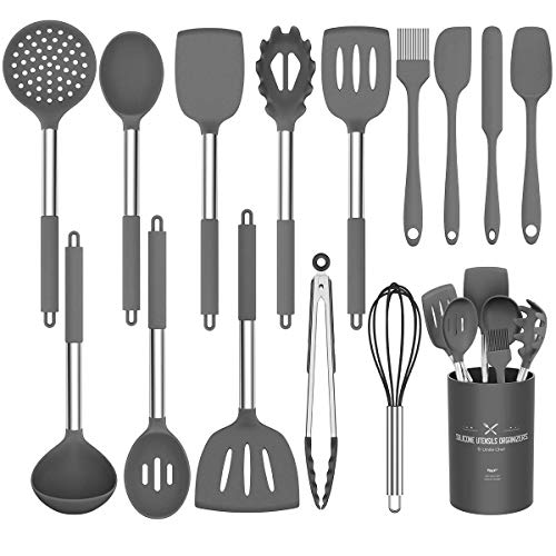 Umite Chef Silicone Cooking Utensil Set,Umite Chef Kitchen Utensils 15pcs Set Non-stick Heat Resistan BPA-Free Stainless Steel Handle Tools Whisk - Grey - Image 1