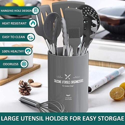 Umite Chef Silicone Cooking Utensil Set,Umite Chef Kitchen Utensils 15pcs Set Non-stick Heat Resistan BPA-Free Stainless Steel Handle Tools Whisk - Grey - Image 2