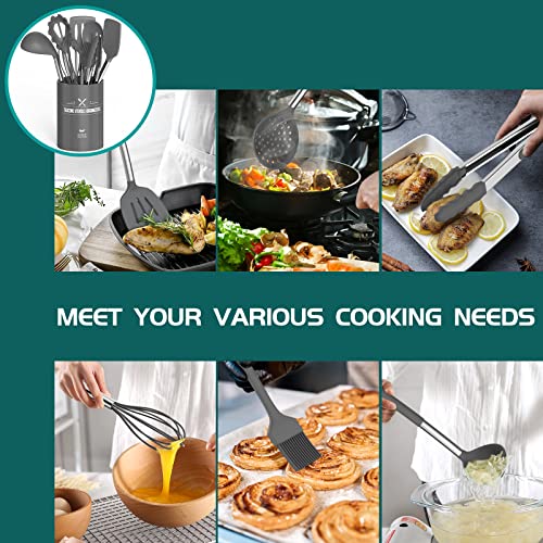 Umite Chef Silicone Cooking Utensil Set,Umite Chef Kitchen Utensils 15pcs Set Non-stick Heat Resistan BPA-Free Stainless Steel Handle Tools Whisk - Grey - Image 4
