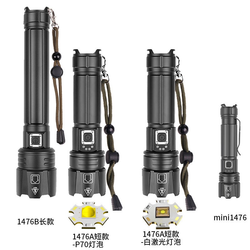 Cross-border P70 zoom flashlight upgrade TYPE-C USB charging with output XHP70 strong light P90 flashlight 1476 short XHP70 (Type-c charging) + 1 18650 battery + USB cable - Image 1