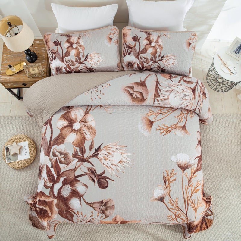 Drucon Khaki Floral Quilt Set Queen 3 Pieces Boho Flower Quilt Coverlet Set Soft Microfiber Lightweight Floral Quilted Bedspread with 2 Pillow Shams for All Season 90"x96" - Image 3