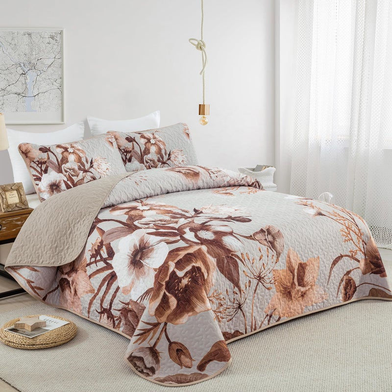 Drucon Khaki Floral Quilt Set Queen 3 Pieces Boho Flower Quilt Coverlet Set Soft Microfiber Lightweight Floral Quilted Bedspread with 2 Pillow Shams for All Season 90"x96" - Image 2