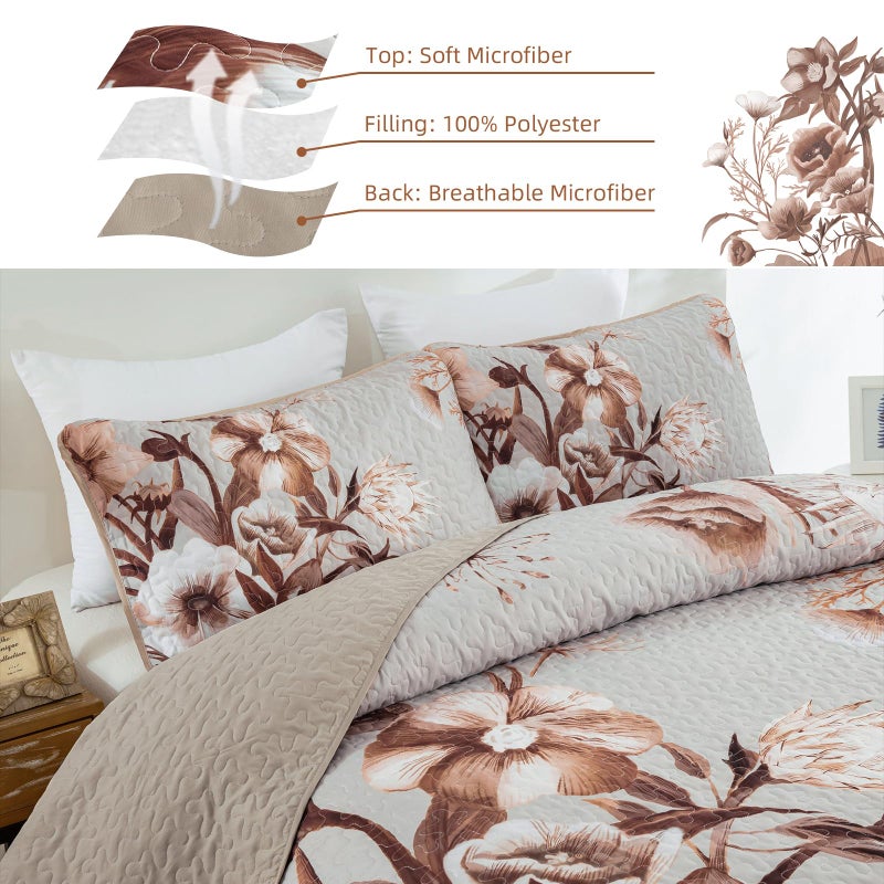 Drucon Khaki Floral Quilt Set Queen 3 Pieces Boho Flower Quilt Coverlet Set Soft Microfiber Lightweight Floral Quilted Bedspread with 2 Pillow Shams for All Season 90"x96" - Image 5