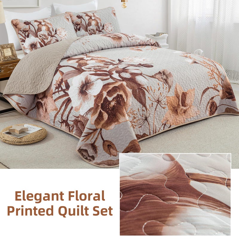 Drucon Khaki Floral Quilt Set Queen 3 Pieces Boho Flower Quilt Coverlet Set Soft Microfiber Lightweight Floral Quilted Bedspread with 2 Pillow Shams for All Season 90"x96" - Image 4