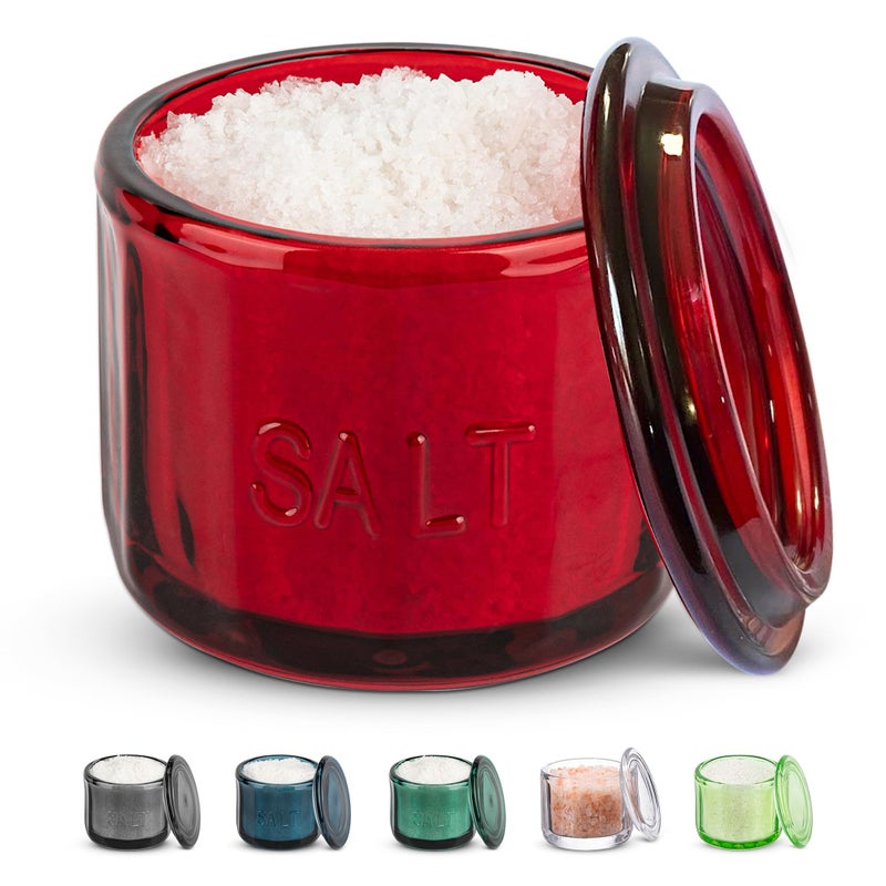 KooK Glass Salt Cellar, with Lid, Embossed Pressed Glass, Clear Storage Container, for Coffee, Sugar, Spices and Candies, 10 oz (Ruby Red) - Image 1