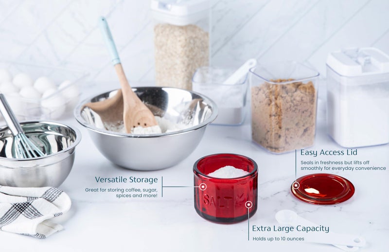 KooK Glass Salt Cellar, with Lid, Embossed Pressed Glass, Clear Storage Container, for Coffee, Sugar, Spices and Candies, 10 oz (Ruby Red) - Image 2