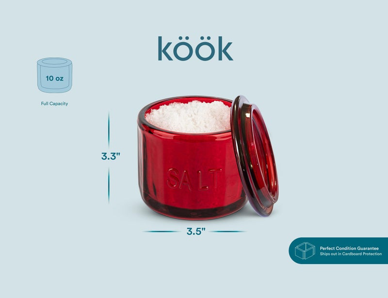 KooK Glass Salt Cellar, with Lid, Embossed Pressed Glass, Clear Storage Container, for Coffee, Sugar, Spices and Candies, 10 oz (Ruby Red) - Image 5