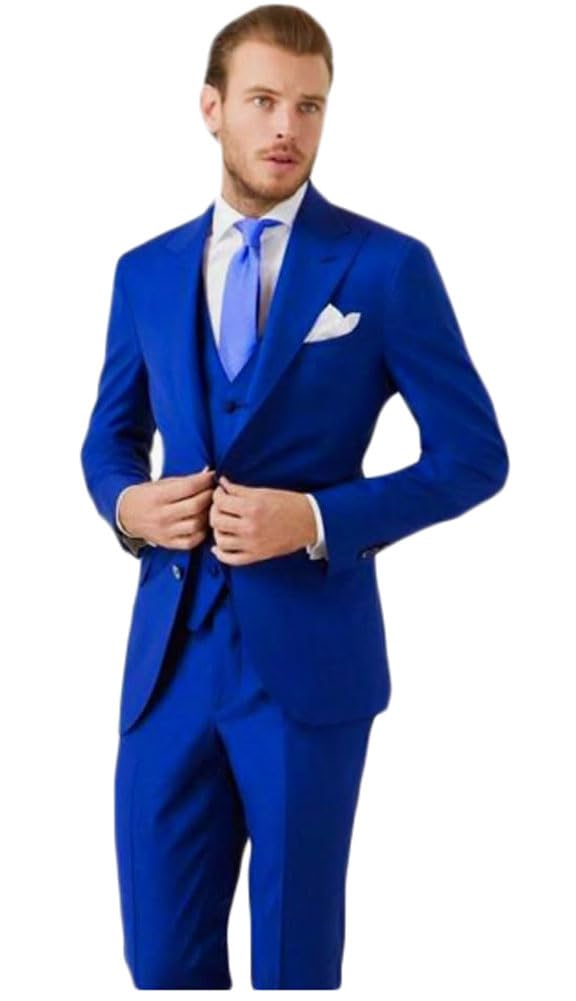 Botong بدلات زفاف للرجال 3 قطع بتصميم نحيف للرجال بدلة عمل جاكيت صدرية بنطلون حفلات باللون الأزرق الملكي مقاس 36 صدر 30 خصر