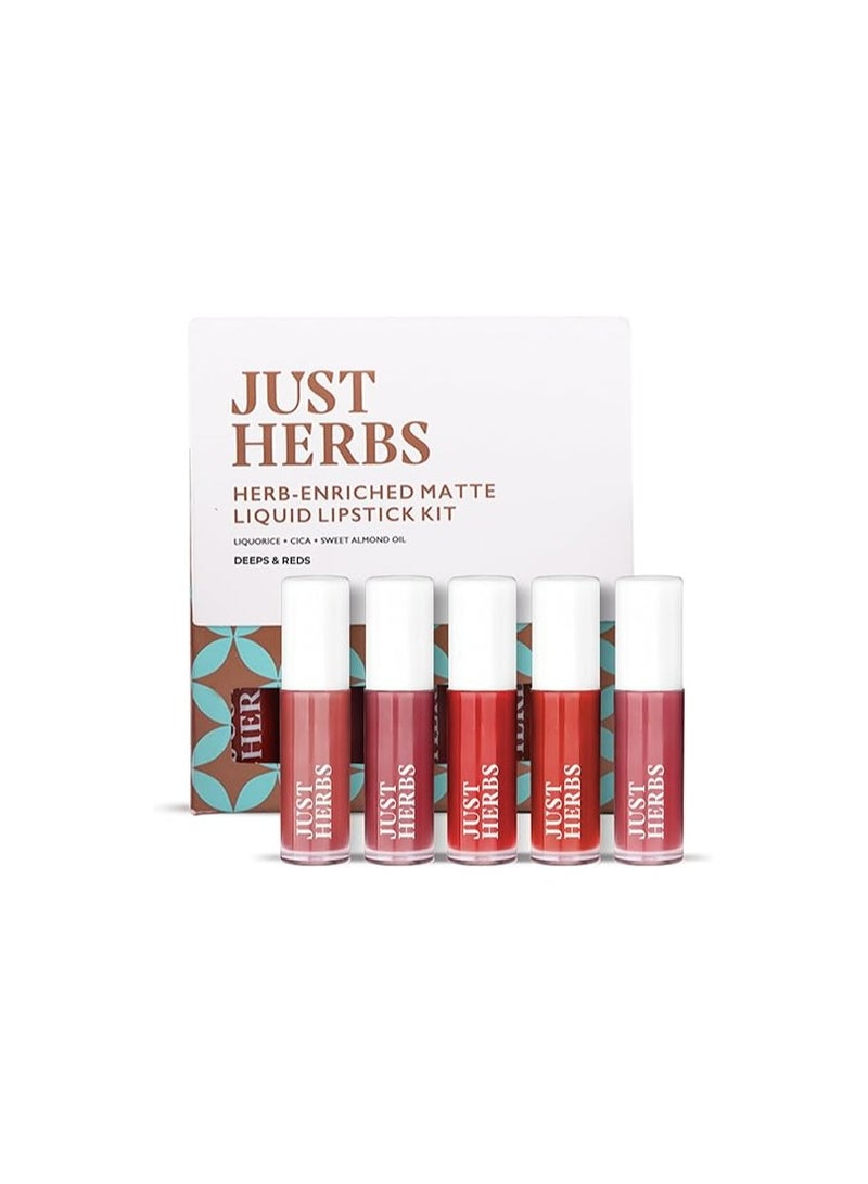 جاست هيربز مجموعة أحمر الشفاه السائل الأيورفيدي من جاست هيربز، مجموعة من 5 قطع، بلمسة نهائية مطفية تدوم طويلاً، لون شفاه مرطب وخفيف الوزن، درجات داكنة وحمراء - خالية من البارابين والسيليكون - 5 مل