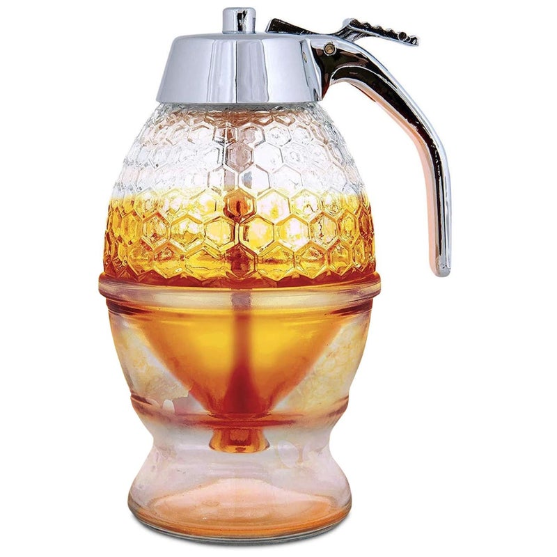 Hunnibi Hunnibi 8oz No Drip Glass Honey Dispenser with Stand  HoneycombStyle Syrup Server and BeeThemed Storage Jar  Clear Container for Honey Maple Syrup  11 x 66 in 