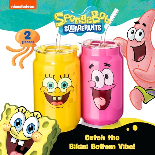 Dragon Glassware x SpongeBob SquarePants Drinking Glasses - 16 oz Glass Cups with Lids and Straws Set of 2 - SpongeBob Cups with Lids and Straws - Reusable Sipper Tumbler - Character Faces - Image 2