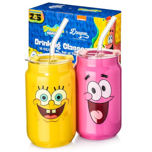 Dragon Glassware x SpongeBob SquarePants Drinking Glasses - 16 oz Glass Cups with Lids and Straws Set of 2 - SpongeBob Cups with Lids and Straws - Reusable Sipper Tumbler - Character Faces - Image 1