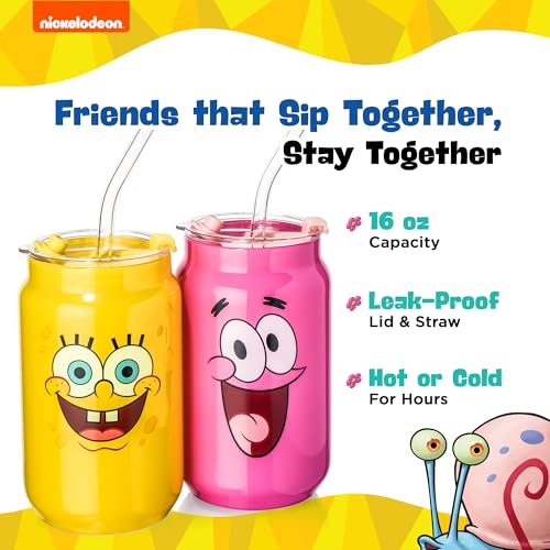 Dragon Glassware x SpongeBob SquarePants Drinking Glasses - 16 oz Glass Cups with Lids and Straws Set of 2 - SpongeBob Cups with Lids and Straws - Reusable Sipper Tumbler - Character Faces - Image 3