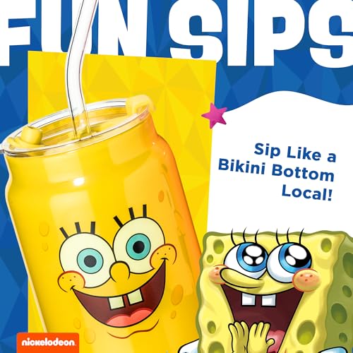 Dragon Glassware x SpongeBob SquarePants Drinking Glasses - 16 oz Glass Cups with Lids and Straws Set of 2 - SpongeBob Cups with Lids and Straws - Reusable Sipper Tumbler - Character Faces - Image 4