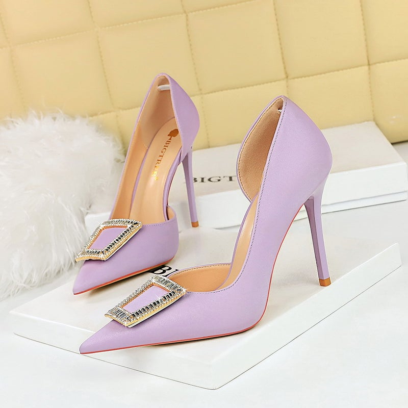 626-K8 Style Banquet Thin Heeled Shallow Mouth Pointed Side Hollow Slim Look Metal Water Diamond Buckle High Heeled Shoes - Image 1