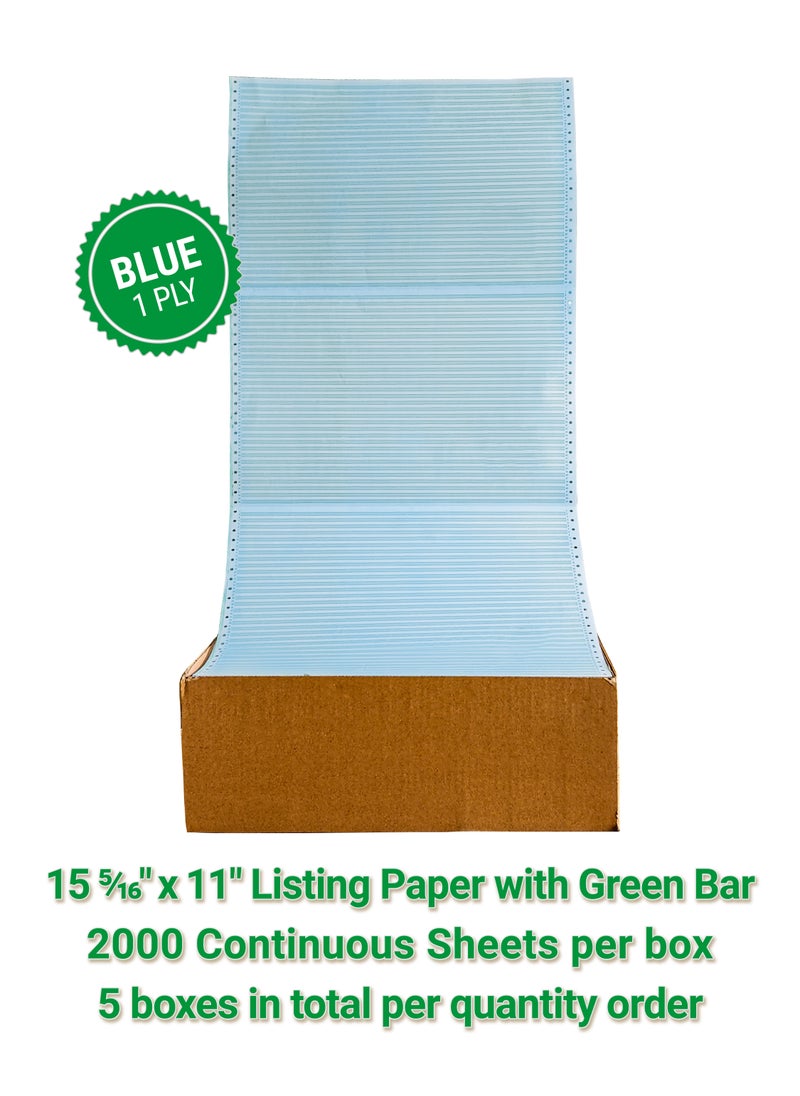 Abulhoul Printing Press LLC ABULHOUL Continuous Listing Computer Paper With Green Bar 15 5/16” x 11” BLUE Ply Single 2000 Sheets Per Box 60gsm (±5% In Actual Weight) Used For Wide Dot-Matrix Impact Printers With Ink Ribbons  - Image 1