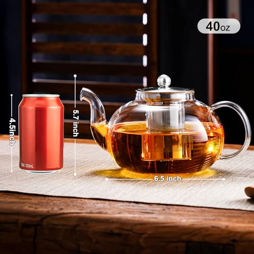 PARACITY Glass Teapot Stovetop 40 OZ/1200ml, Borosilicate Clear Tea Kettle with Removable 18/8 Stainless Steel Infuser, Teapot Blooming and Loose Leaf Tea Maker Tea Brewer for Camping, Travel - Image 2
