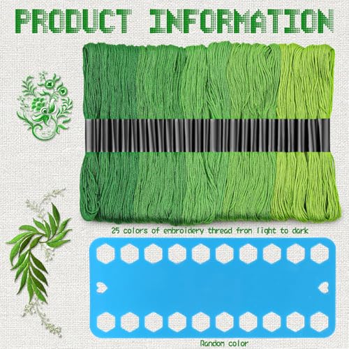 Dercuy 25 Skeins Green Series Cross Floss Stitch Thread, 8m Cotton Embroidery Floss Set with Plastic Bobbins & Needle - Image 4