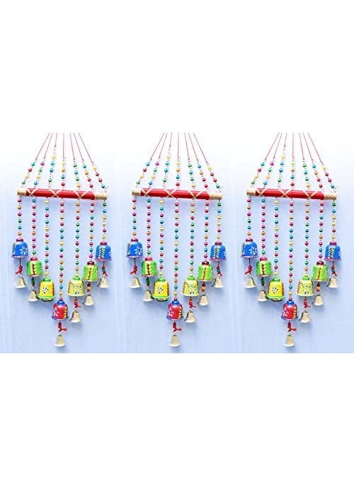 ADITYA IMPEX ADITYA IMPEX Handicraft rajasthane Colored Desing Decorative showpice Wind Chimes for Home Balcony Garden Positive Energy Home Decor Hanging Long Bells 7 Bells Set of 3 Piece Multicolour  - Image 1
