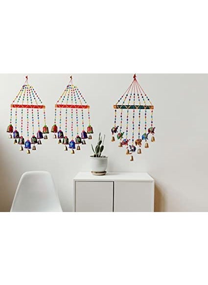 ADITYA IMPEX ADITYA IMPEX Handicraft rajasthane Colored Desing Decorative showpice Wind Chimes for Home Balcony Garden Positive Energy Home Decor Hanging Long Bells 7 Bells Set of 3 Piece Multicolour  - Image 2